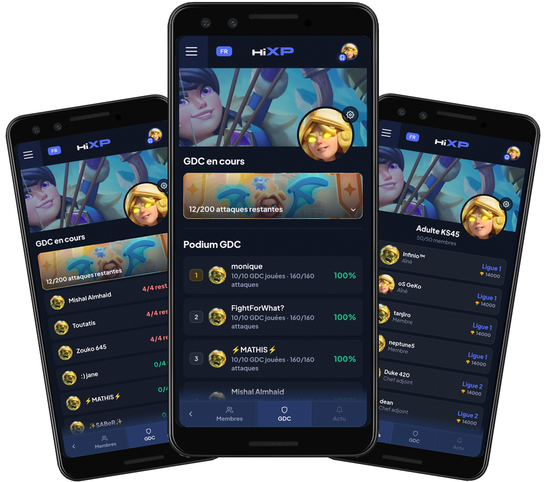 Membres, guerre de clan en cours et podium GDC dans hiXP